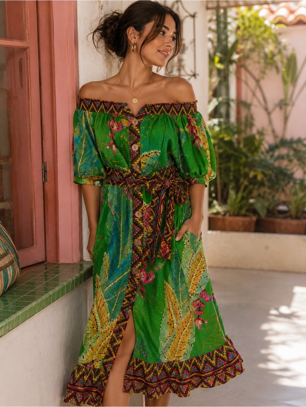 Farm Rio Banana Leaves Off Shoulder Midi Dress Tropical Boho Resort Cottagecore